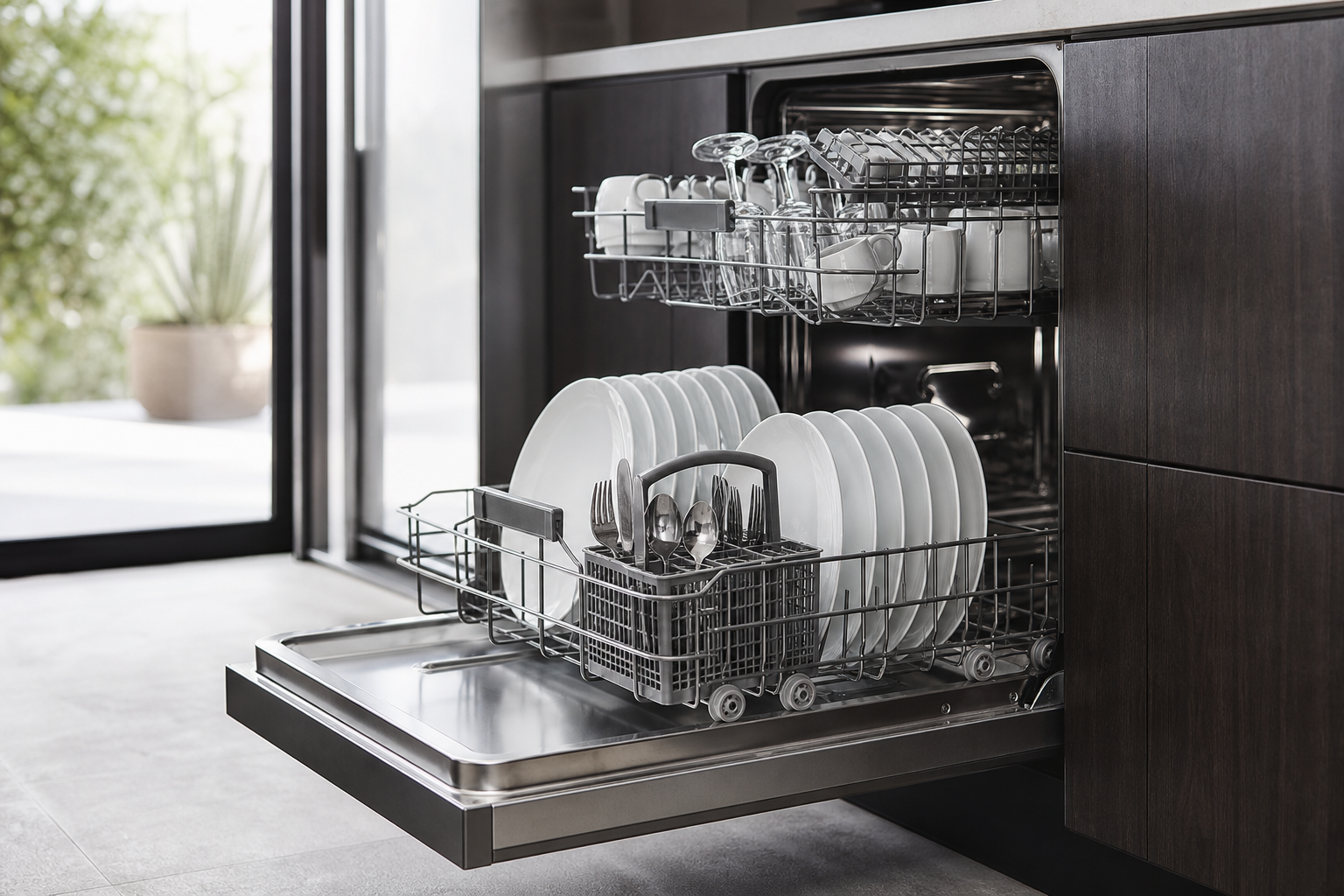 Open dishwasher with clean dishes