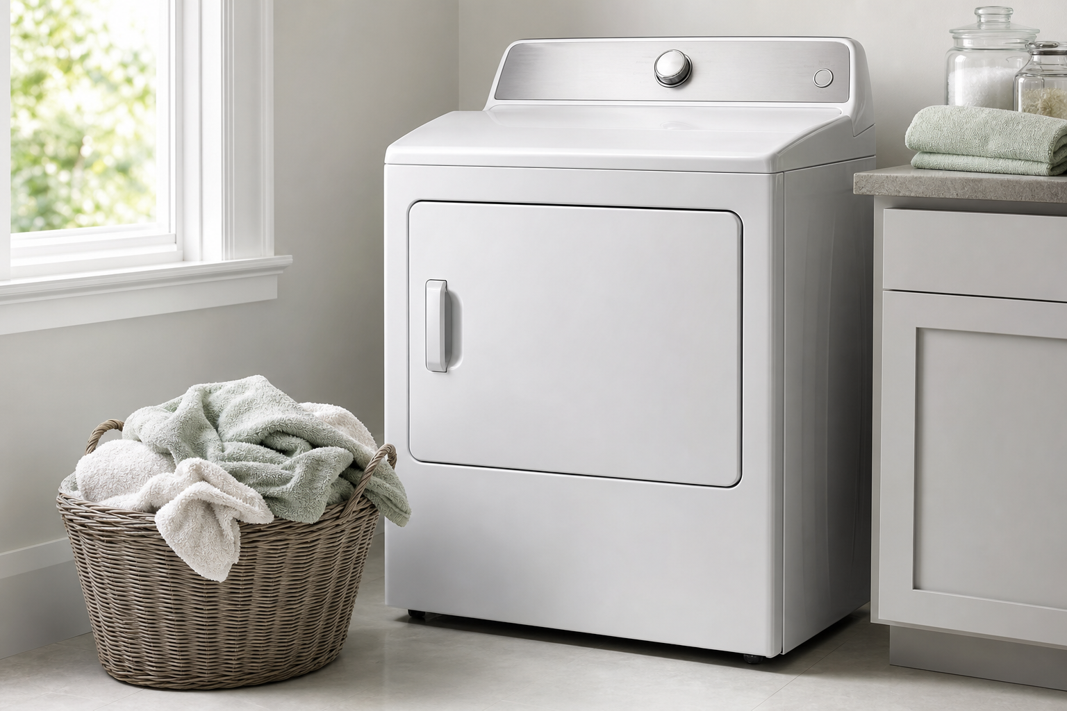 Dryer with damp laundry nearby