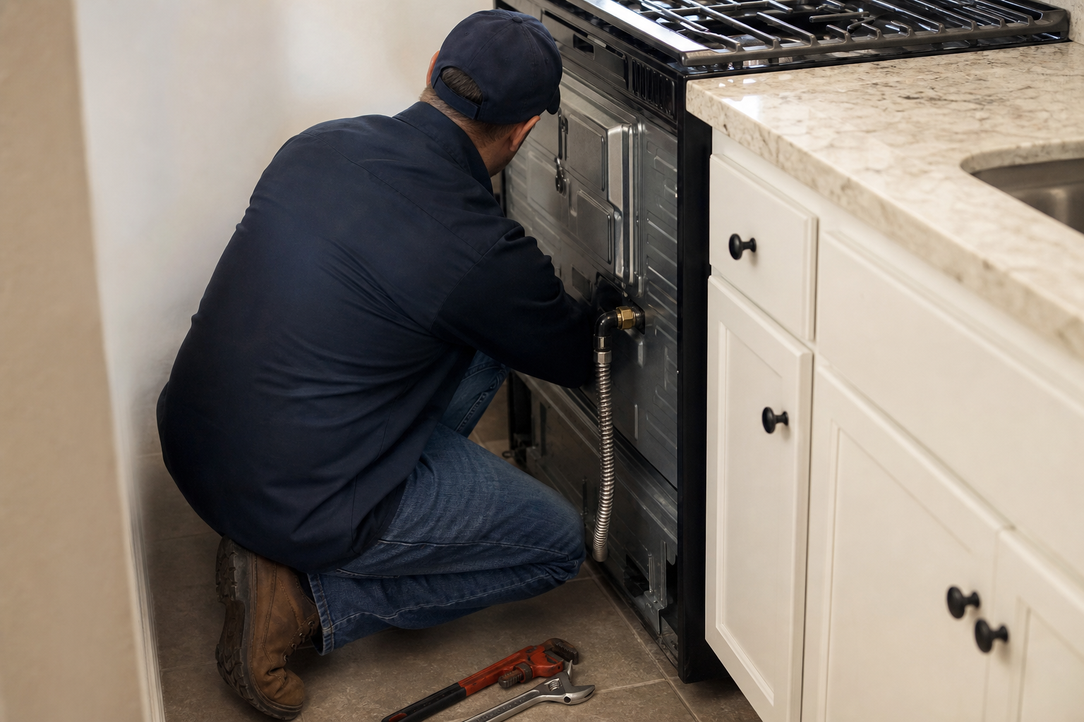 Gas line installation behind a kitchen stove