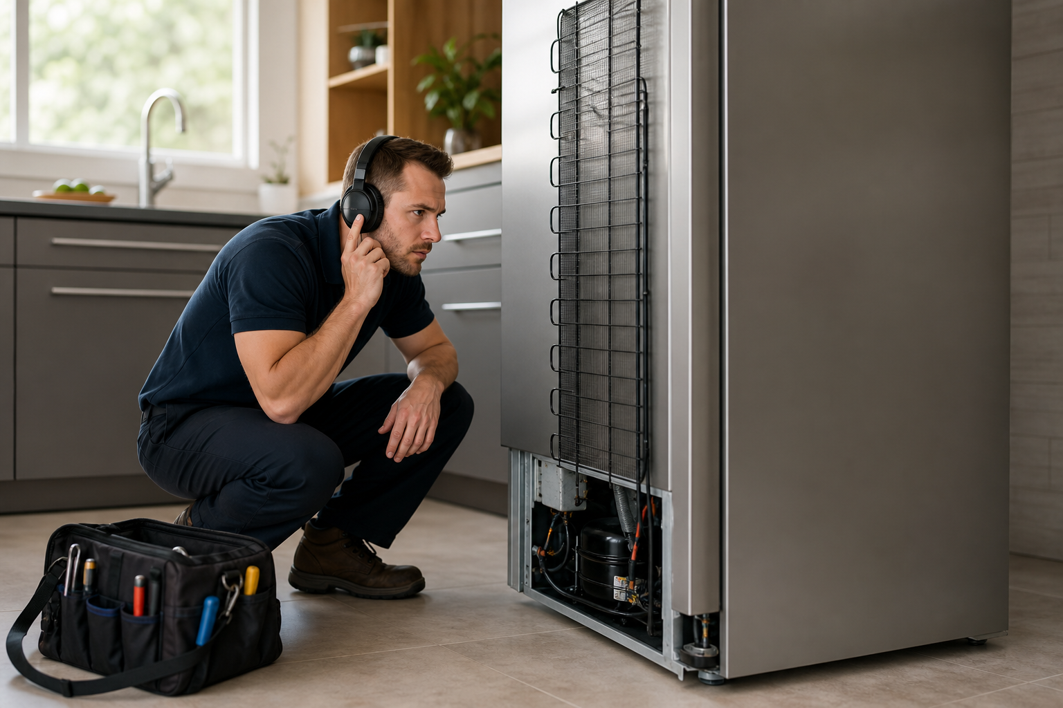 Technician diagnosing a noisy refrigerator