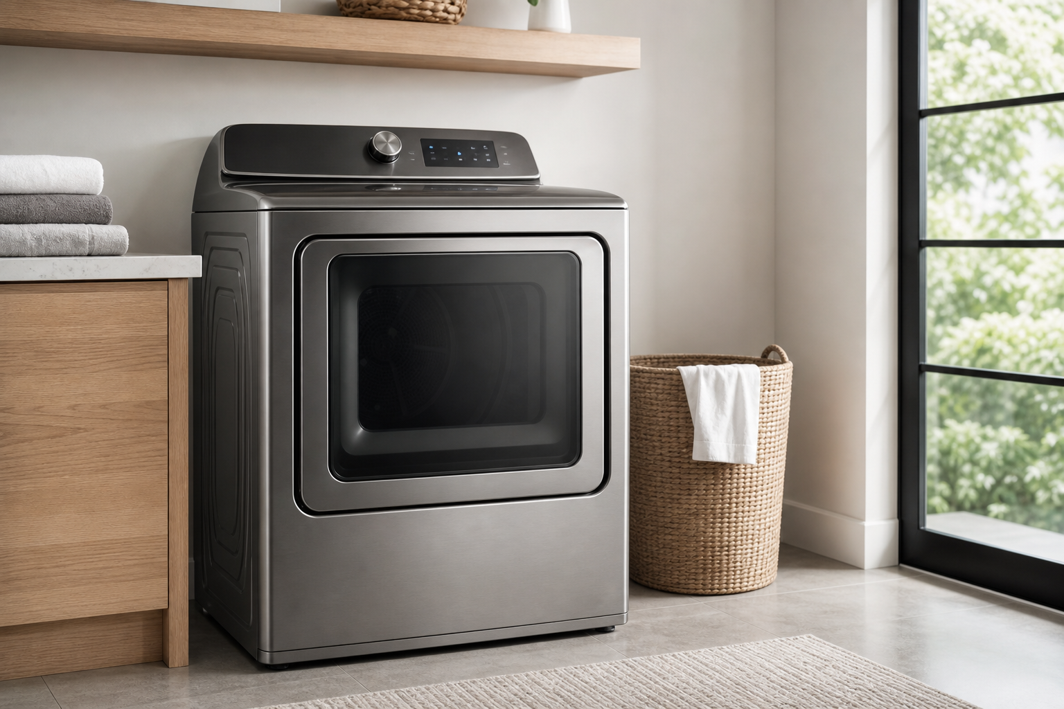 Stainless steel dryer in a laundry room