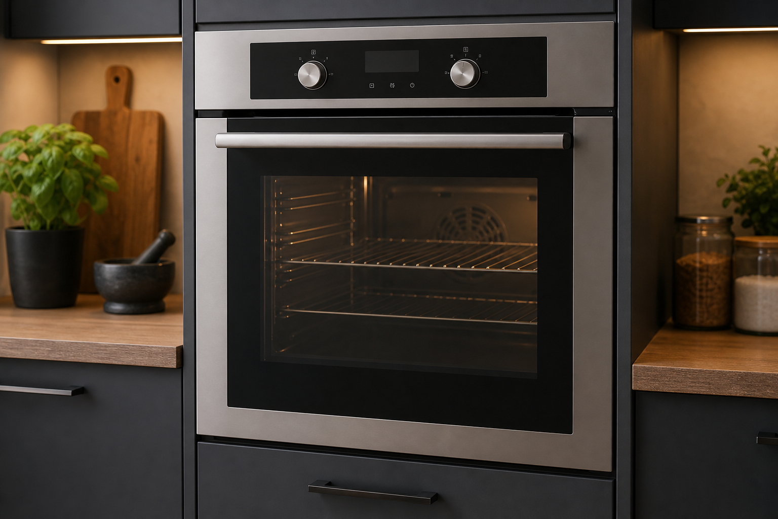 Self-cleaning oven in a kitchen